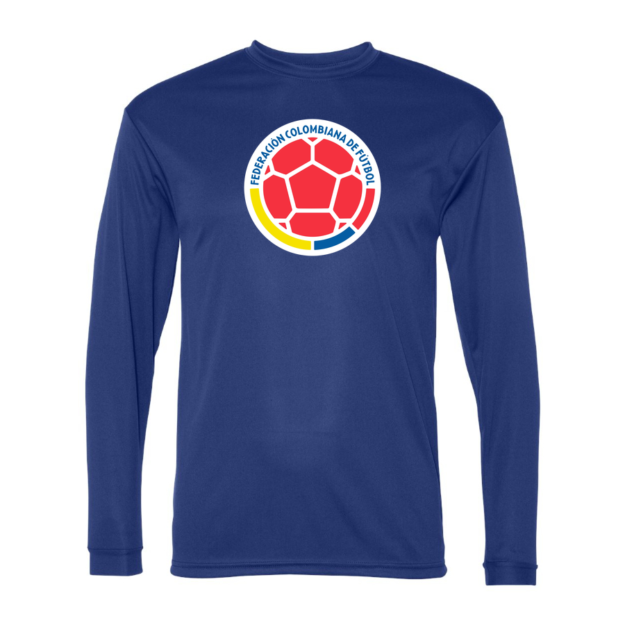 Men's Colombia National Soccer Team Performance Long Sleeve T-Shirt | Color: Royal | Original artwork on Drive garment