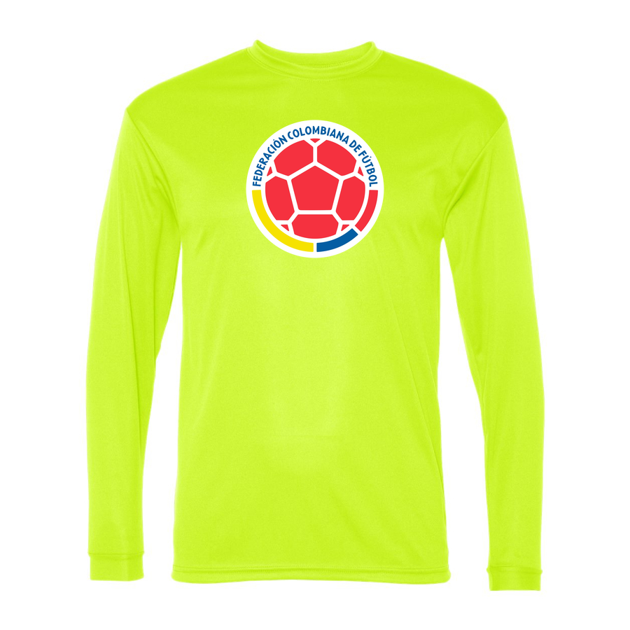Men's Colombia National Soccer Team Performance Long Sleeve T-Shirt | Color: Safety Yellow | Original artwork on Drive garment