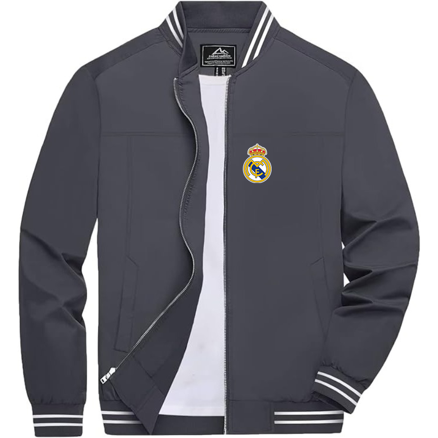 Men’s    Real Madrid Soccer   Lightweight Zip-Up Bomber Jacket with Ribbed Collar and Cuffs - Versatile Casual Outerwear