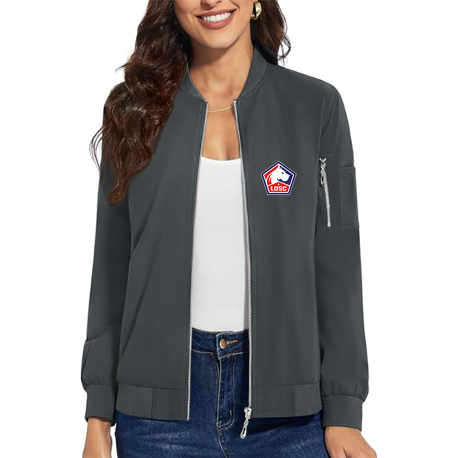 Women's  Lille Olympique FC - Premium Bomber Jacket with Polished Detailing and Functional Sleeve Pocket - Modern Luxury Outerwear