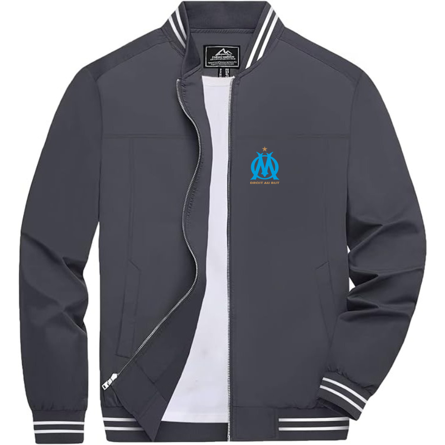 Men’s   Olympique de Marseille FC -  Lightweight Zip-Up Bomber Jacket with Ribbed Collar and Cuffs - Versatile Casual Outerwear