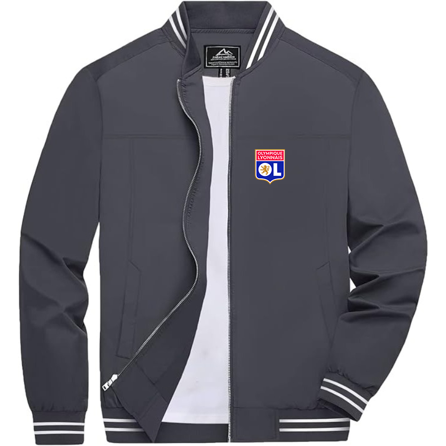 Men’s  Olympique Lyonnais FC   Lightweight Zip-Up Bomber Jacket with Ribbed Collar and Cuffs - Versatile Casual Outerwear