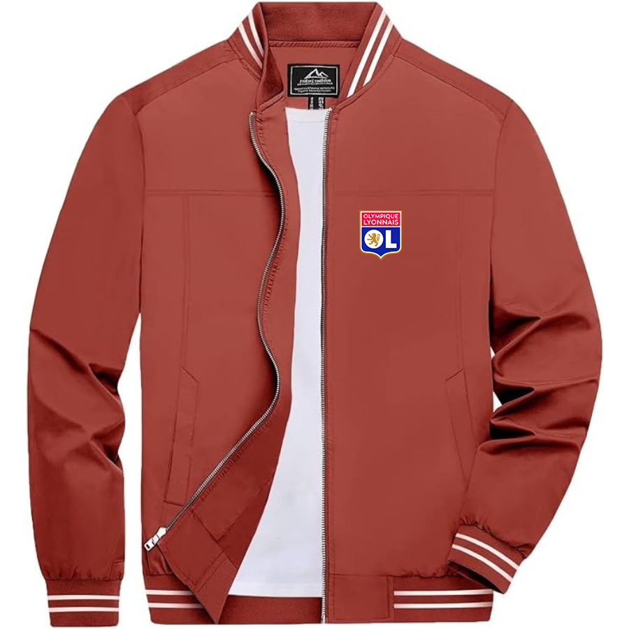 Men’s  Olympique Lyonnais FC   Lightweight Zip-Up Bomber Jacket with Ribbed Collar and Cuffs - Versatile Casual Outerwear