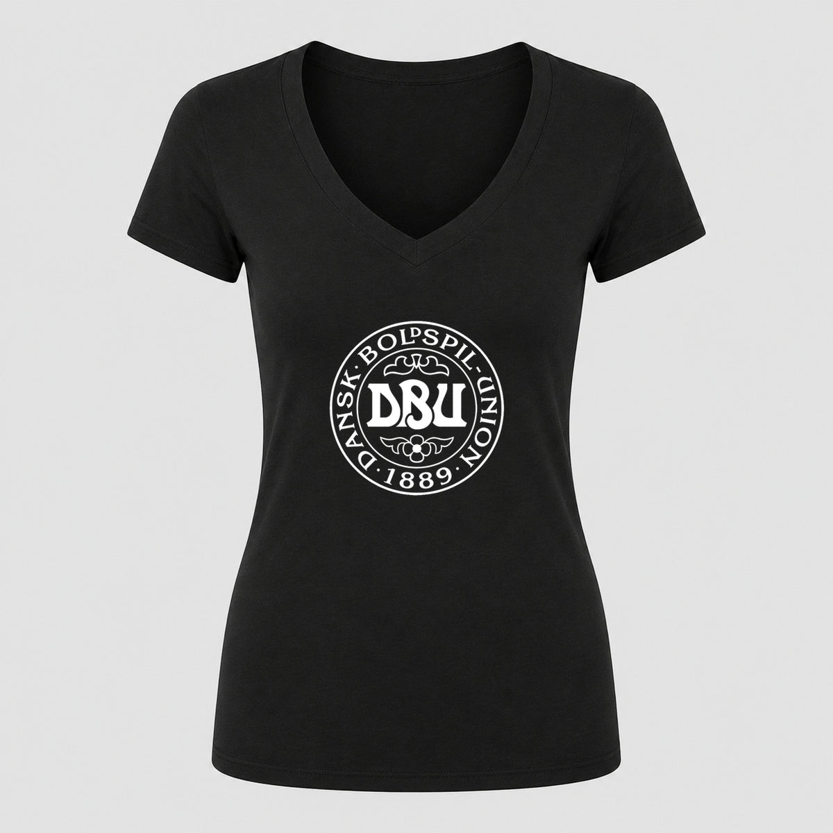 Women's Denmark Soccer V-Neck T-Shirt | Color: Black | Original artwork on Drive garment