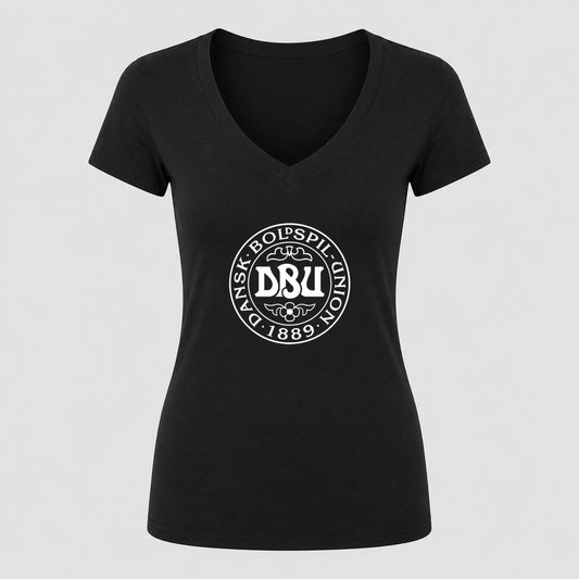 Women's Denmark Soccer V-Neck T-Shirt | Color: Black | Original artwork on Drive garment