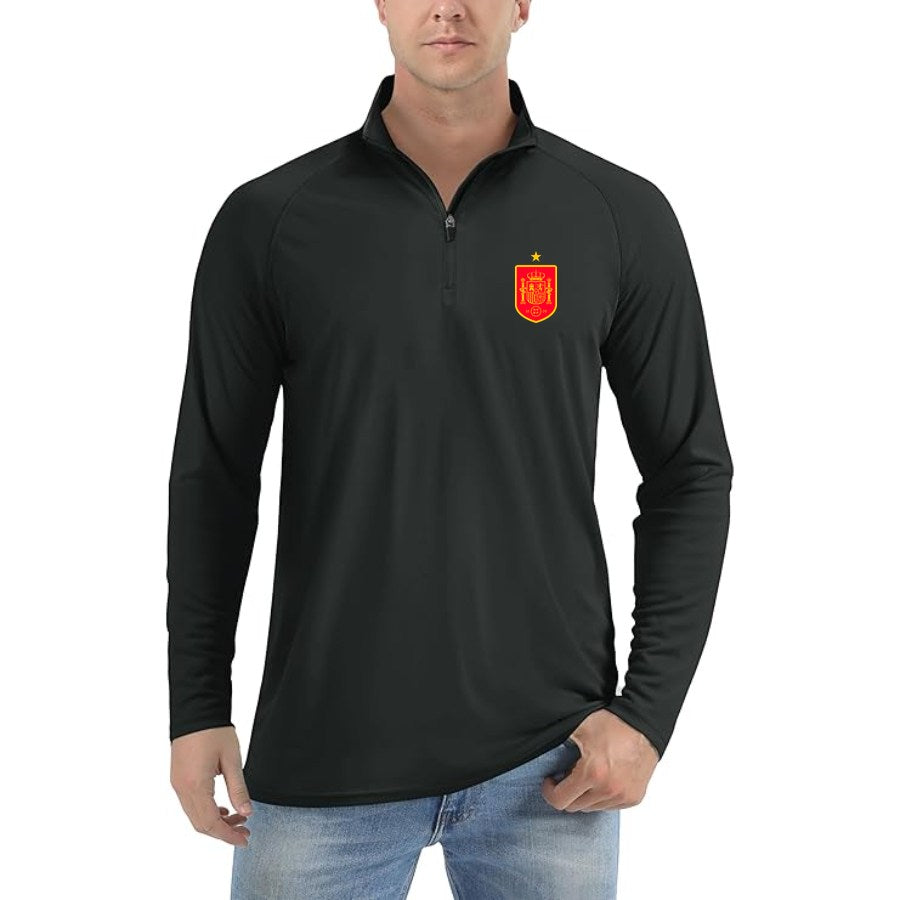 Men's Spain Red Logo National Soccer Team Lightweight Quarter-Zip Athletic Shirt Long Sleeve Performance Wear - Black