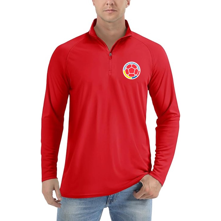 Men's Colombia National Soccer Team Lightweight Quarter-Zip Athletic Shirt Long Sleeve Performance Wear - Red