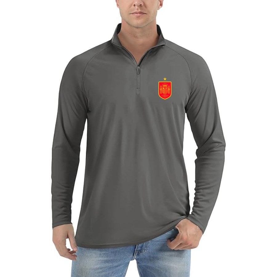 Men's Spain Red Logo National Soccer Team Lightweight Quarter-Zip Athletic Shirt Long Sleeve Performance Wear - Dark Gray