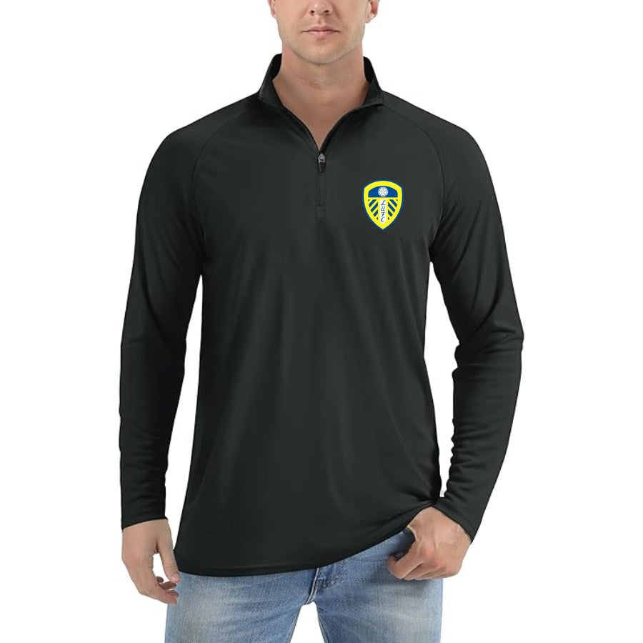 Men's Leeds United Football Club Lightweight Quarter-Zip Athletic Shirt Long Sleeve Performance Wear - Black