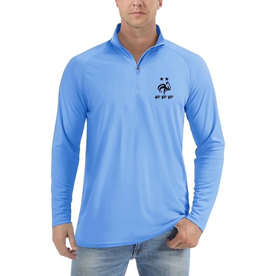 Men's France Soccer Lightweight Quarter-Zip Athletic Shirt Long Sleeve Performance Wear - Light Blue