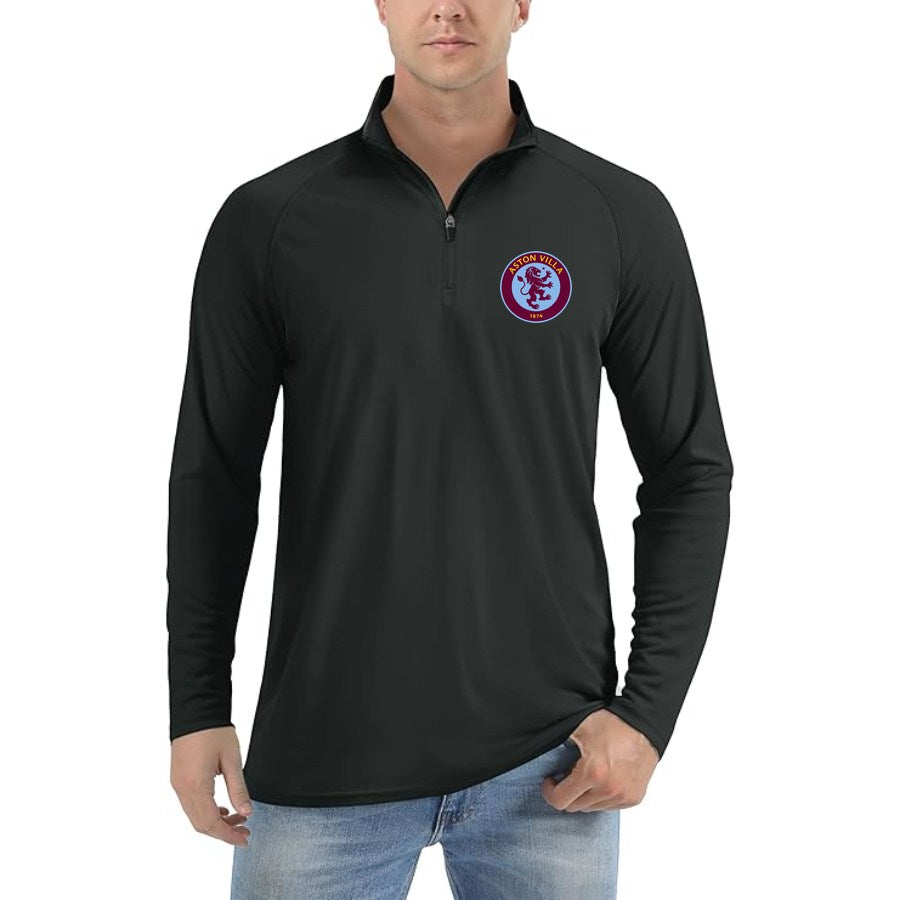 Men's Aston Villa FC Lightweight Quarter-Zip Athletic Shirt Long Sleeve Performance Wear - Black
