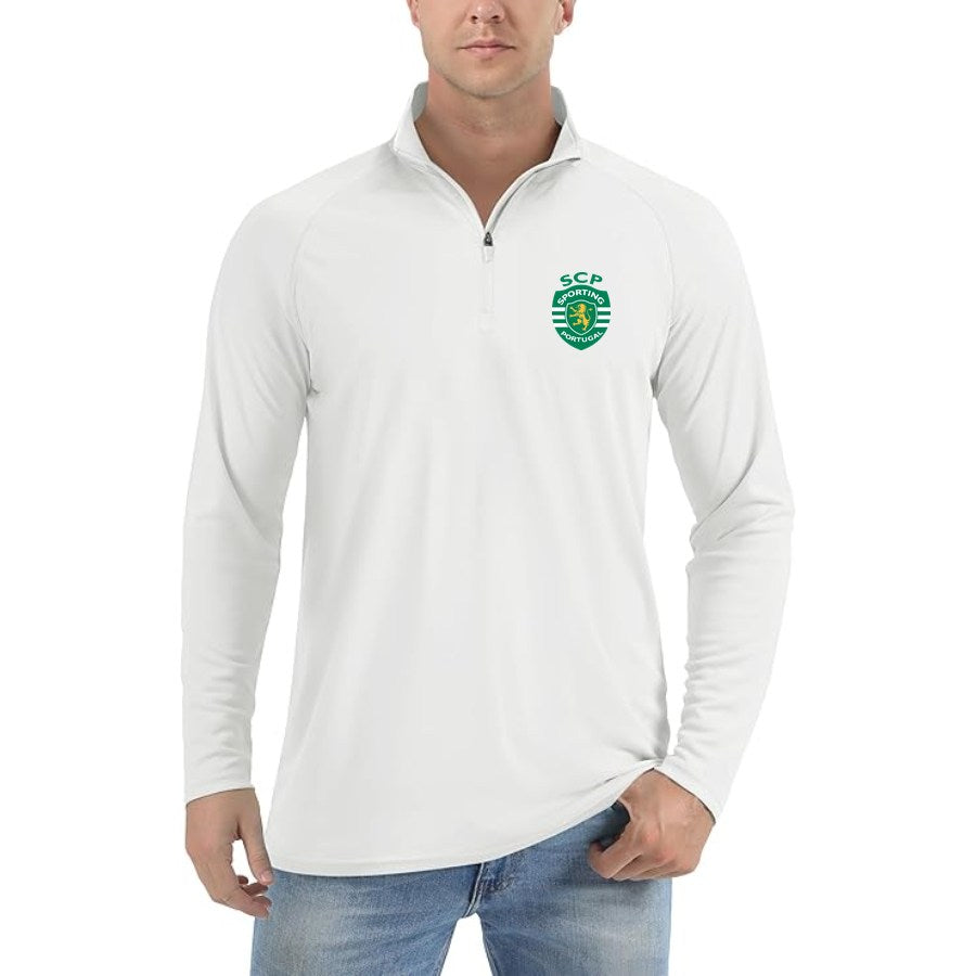 Men's Sporting CP FC Lightweight Quarter-Zip Athletic Shirt Long Sleeve Performance Wear - White