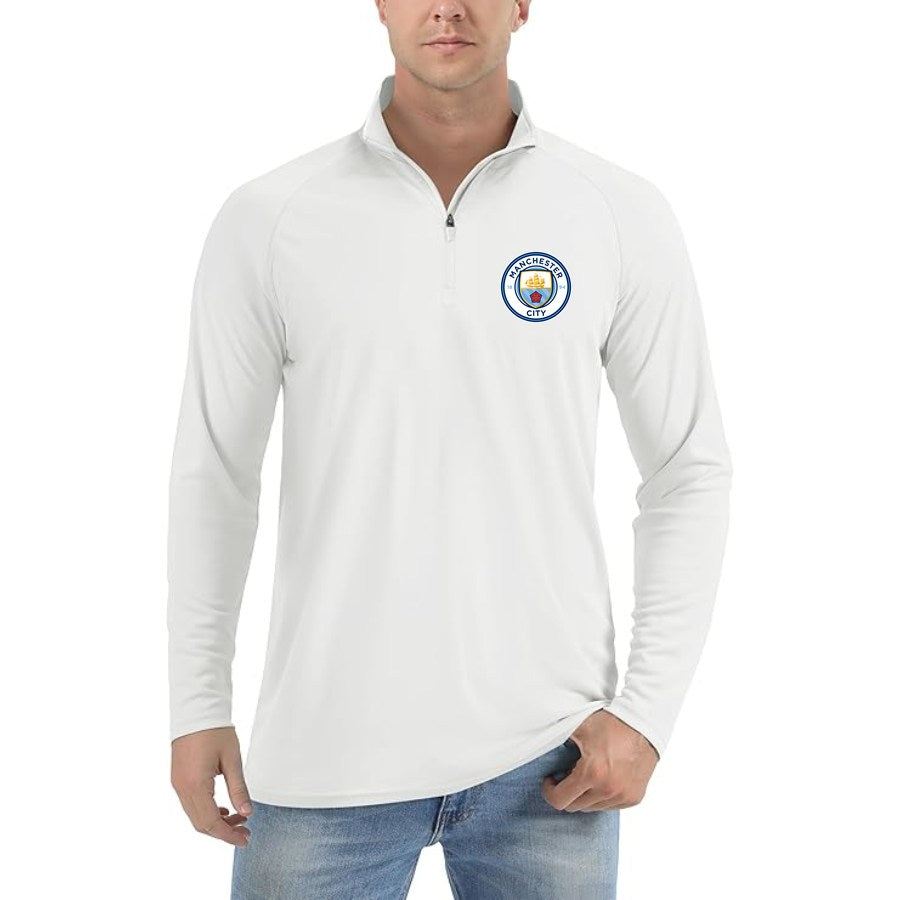 Men's Manchester City Soccer Lightweight Quarter-Zip Athletic Shirt Long Sleeve Performance Wear - White