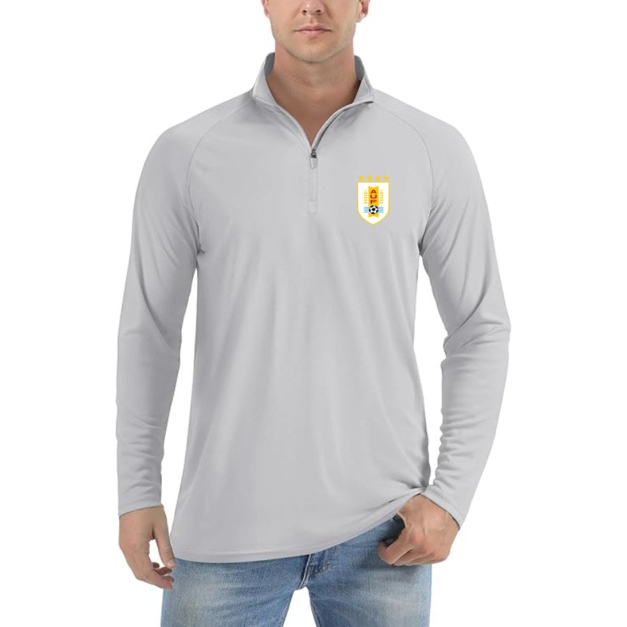 Men's Uruguay National Soccer Team Lightweight Quarter-Zip Athletic Shirt Long Sleeve Performance Wear - Light Gray