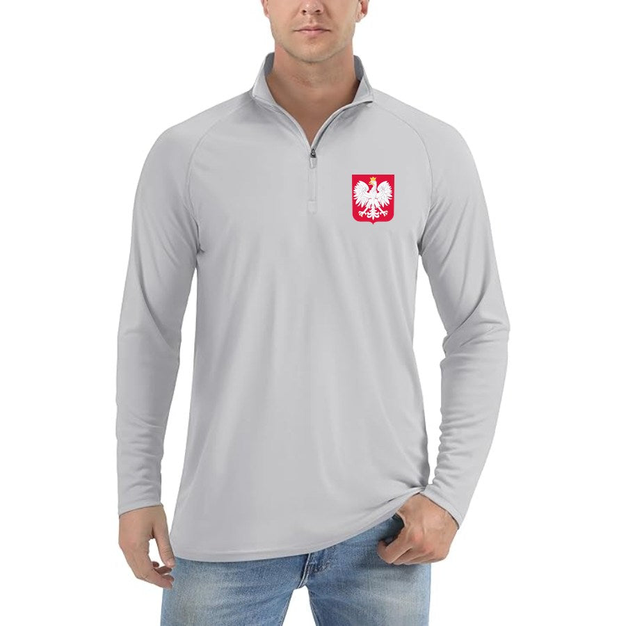 Men's Poland National Soccer Team Lightweight Quarter-Zip Athletic Shirt Long Sleeve Performance Wear - Light Gray