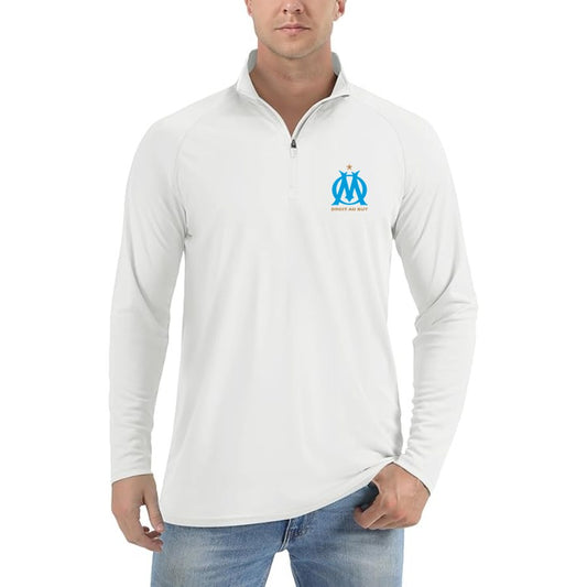 Men's Olympique de Marseille FC Lightweight Quarter-Zip Athletic Shirt Long Sleeve Performance Wear - White