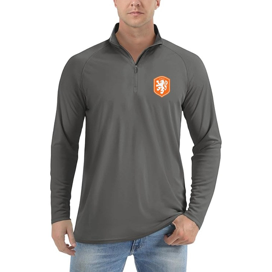 Men's Netherlands National Soccer Team Lightweight Quarter-Zip Athletic Shirt Long Sleeve Performance Wear - Dark Gray