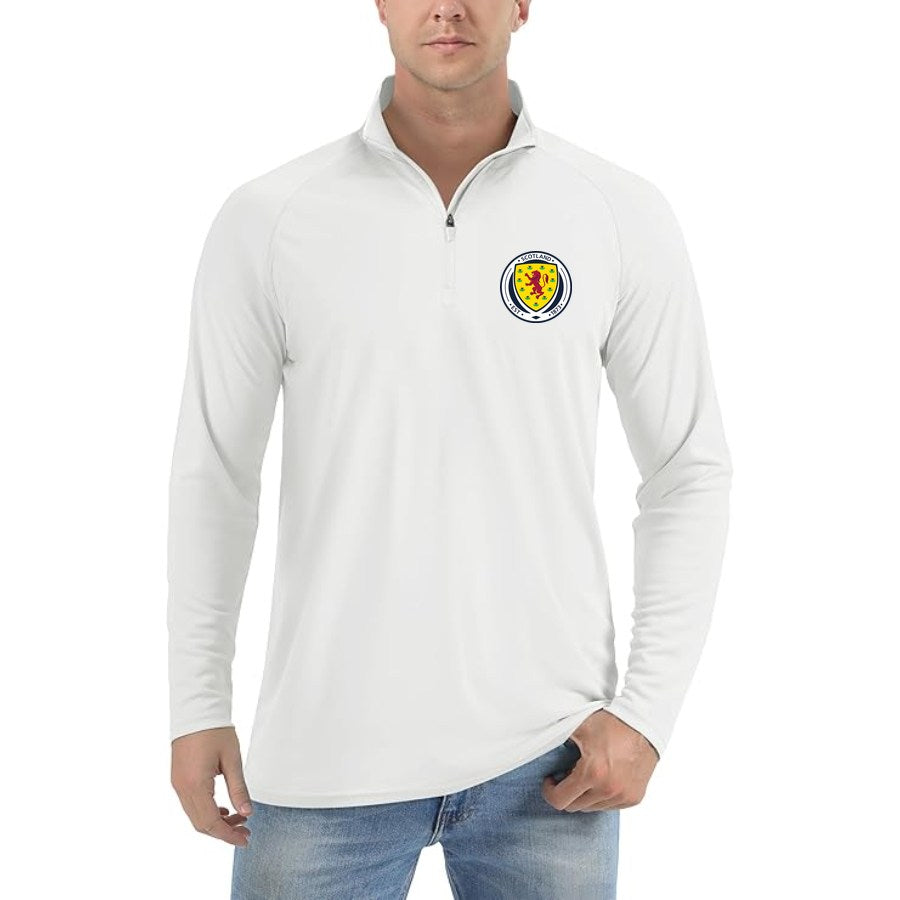 Men's Scotland National Soccer Team Lightweight Quarter-Zip Athletic Shirt Long Sleeve Performance Wear - White