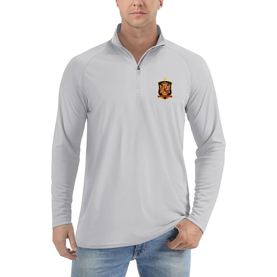 Men's Spain National Soccer Team Lightweight Quarter-Zip Athletic Shirt Long Sleeve Performance Wear - Light Gray
