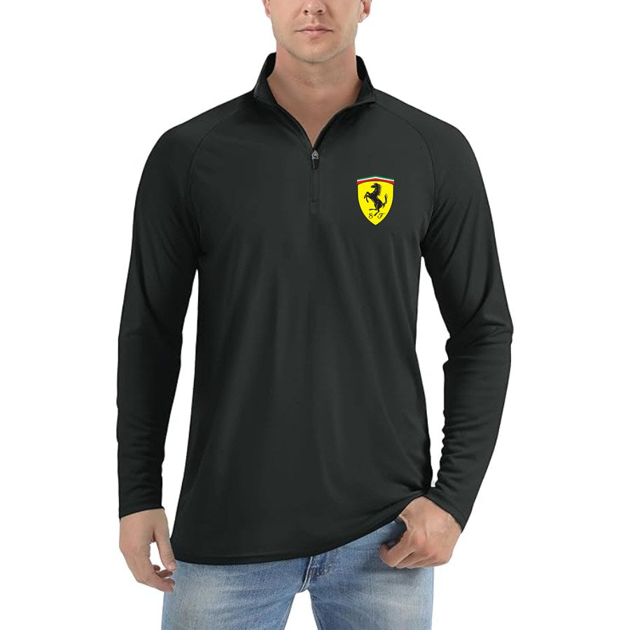 Men's Ferrari Motorsport Car Lightweight Quarter-Zip Athletic Shirt Long Sleeve Performance Wear - Black