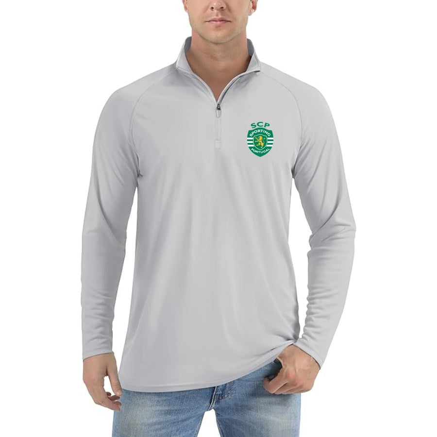 Men's Sporting CP FC Lightweight Quarter-Zip Athletic Shirt Long Sleeve Performance Wear - Light Gray