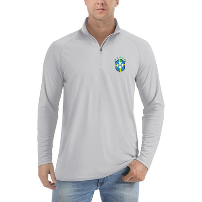Men's Brazil National Soccer Team Lightweight Quarter-Zip Athletic Shirt Long Sleeve Performance Wear - Light Gray