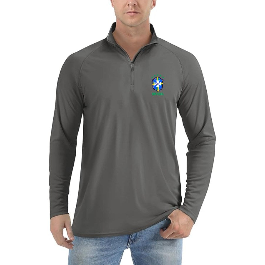 Men's Brasil National Soccer Team Lightweight Quarter-Zip Athletic Shirt Long Sleeve Performance Wear - Dark Gray