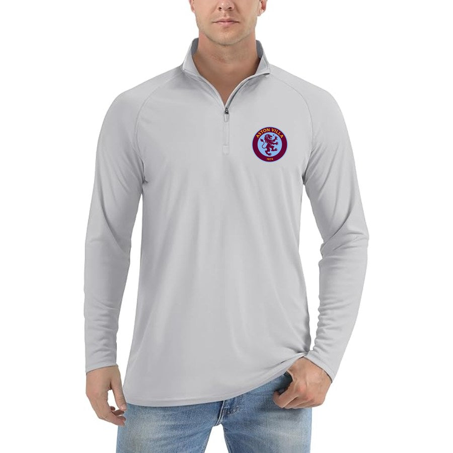 Men's Aston Villa FC Lightweight Quarter-Zip Athletic Shirt Long Sleeve Performance Wear - Light Gray