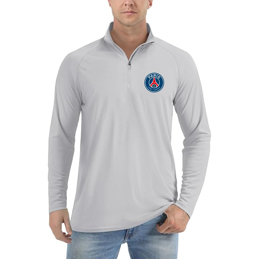 Men's Paris Saint-Germain Soccer Lightweight Quarter-Zip Athletic Shirt Long Sleeve Performance Wear - Light Gray