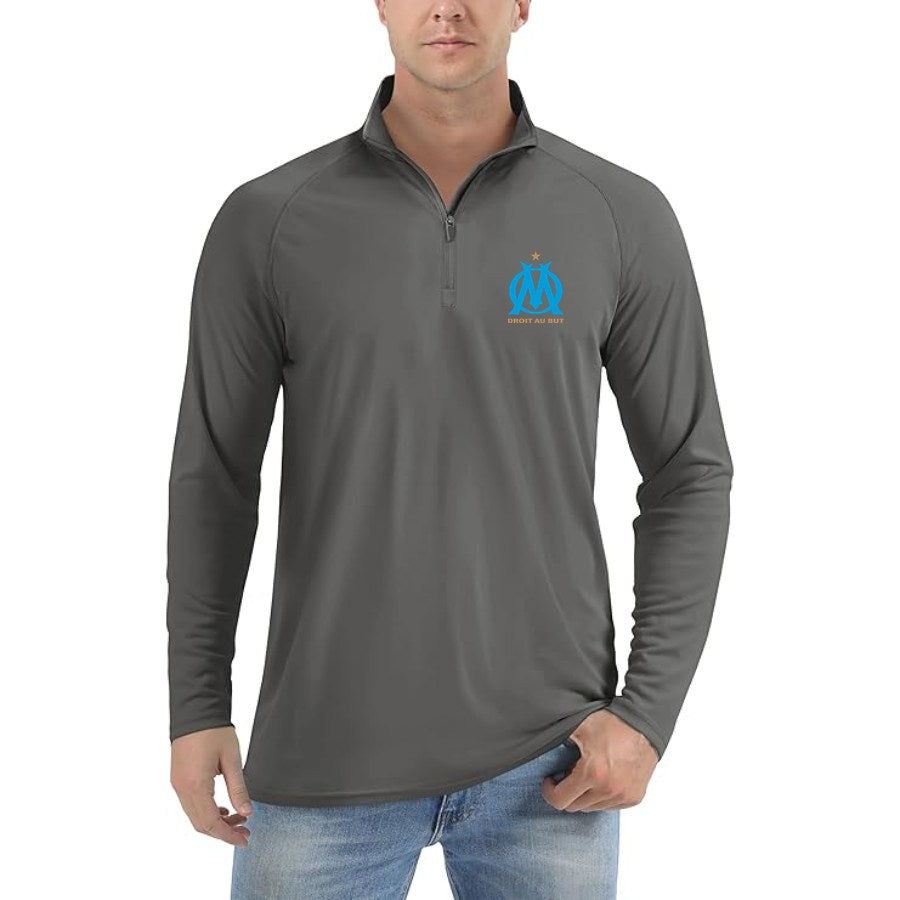 Men's Olympique de Marseille FC Lightweight Quarter-Zip Athletic Shirt Long Sleeve Performance Wear - Dark Gray