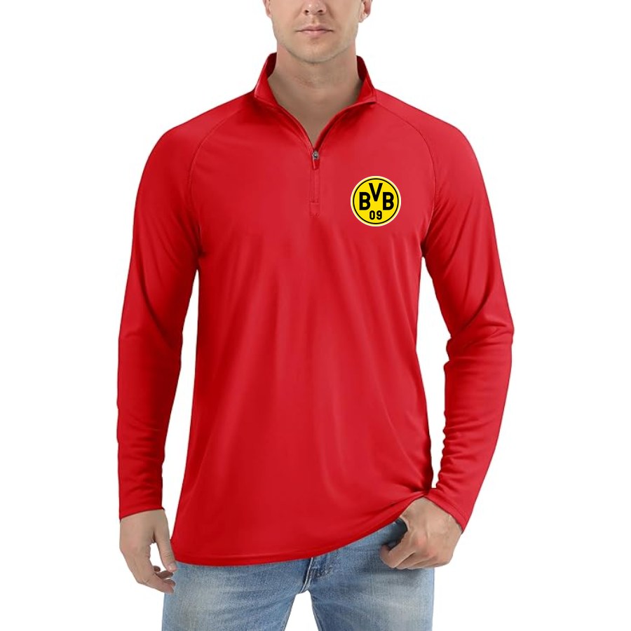 Men's Borussia Dortmund BVB FC Lightweight Quarter-Zip Athletic Shirt Long Sleeve Performance Wear - Red