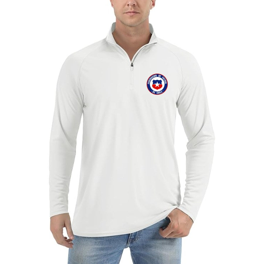 Men's Chile National Soccer Team Lightweight Quarter-Zip Athletic Shirt Long Sleeve Performance Wear - White
