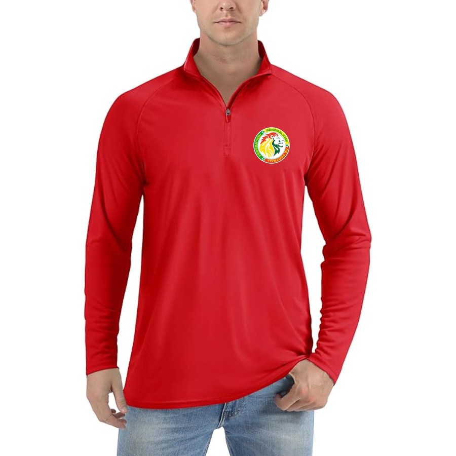 Men's Senegal National Soccer Team Lightweight Quarter-Zip Athletic Shirt Long Sleeve Performance Wear - Red