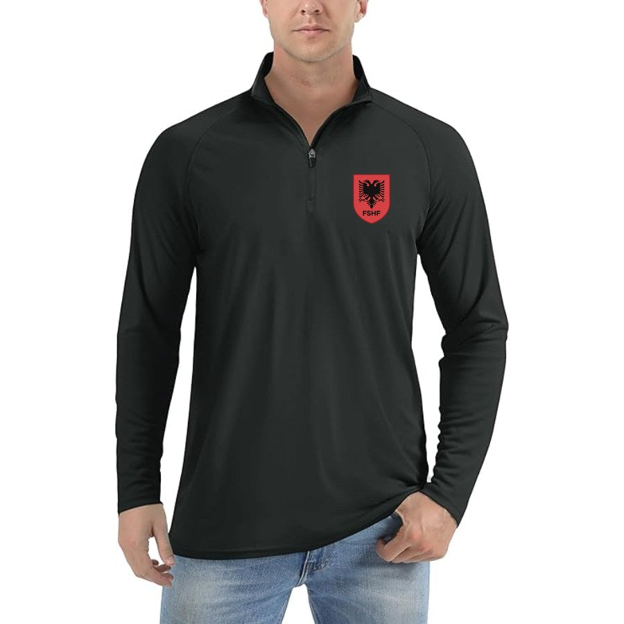 Men's Albania National Soccer Team Lightweight Quarter-Zip Athletic Shirt Long Sleeve Performance Wear - Black