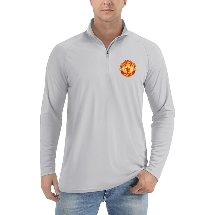 Men's Manchester United Soccer Lightweight Quarter-Zip Athletic Shirt Long Sleeve Performance Wear - Light Gray