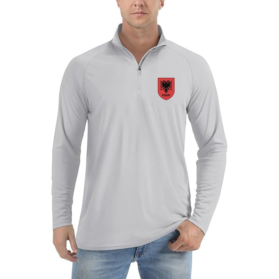 Men's Albania National Soccer Team Lightweight Quarter-Zip Athletic Shirt Long Sleeve Performance Wear - Light Gray