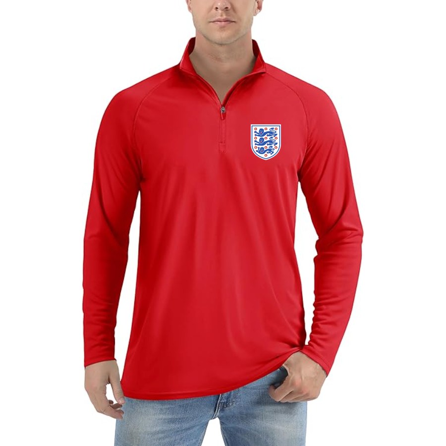 Men's England National Football Team Lightweight Quarter-Zip Athletic Shirt Long Sleeve Performance Wear - Red