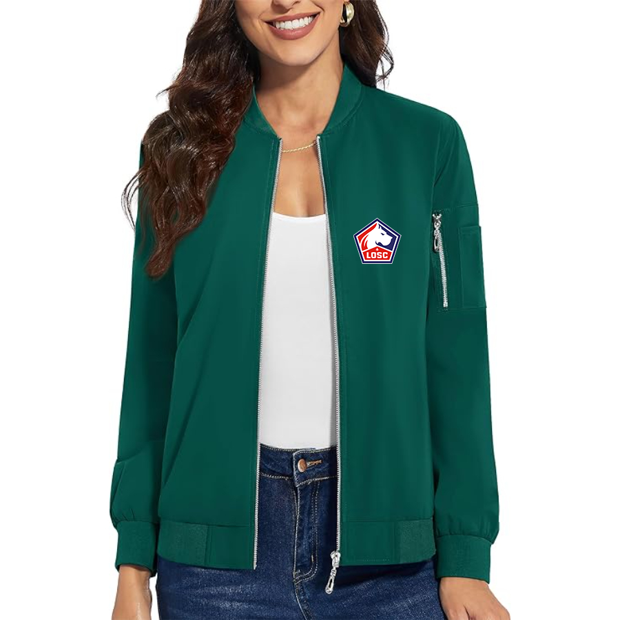 Women's  Lille Olympique FC - Premium Bomber Jacket with Polished Detailing and Functional Sleeve Pocket - Modern Luxury Outerwear