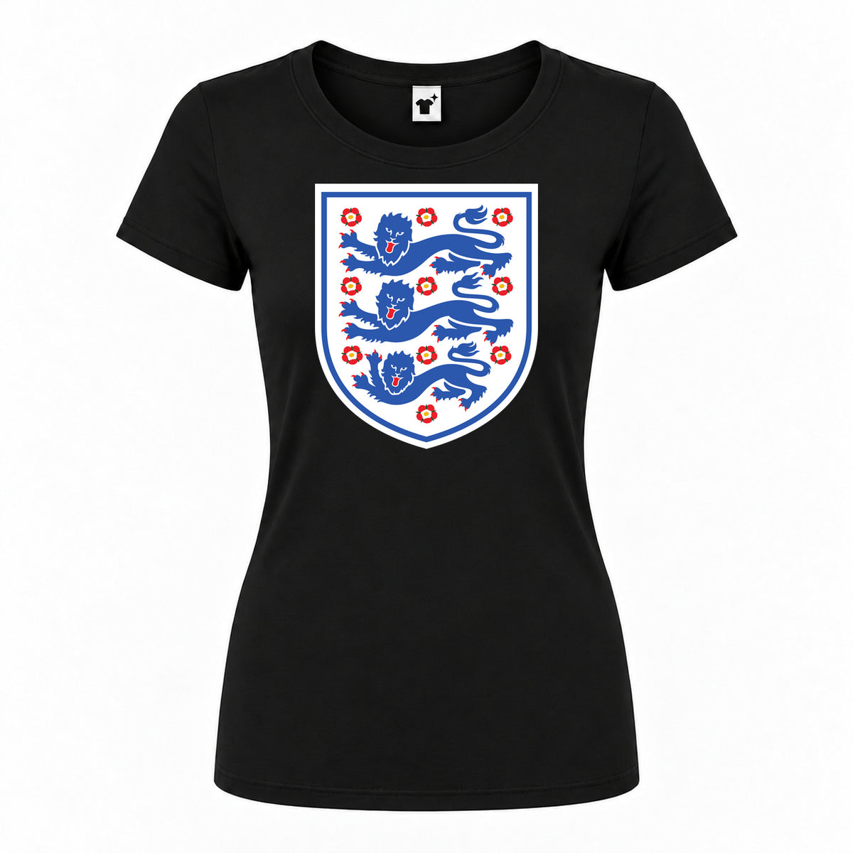 Women's England Football National Team Round Neck T-Shirt — Black — original logo on current Drive garment