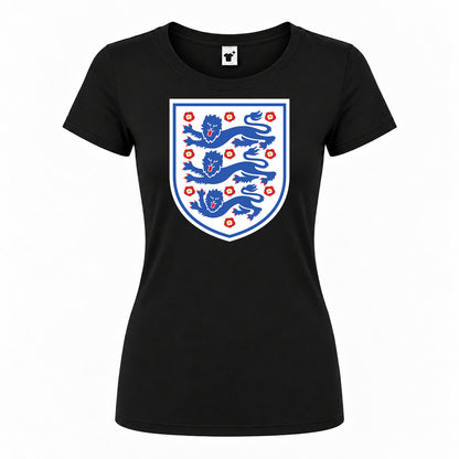 Women's England Football National Team Round Neck T-Shirt — Black — original logo on current Drive garment