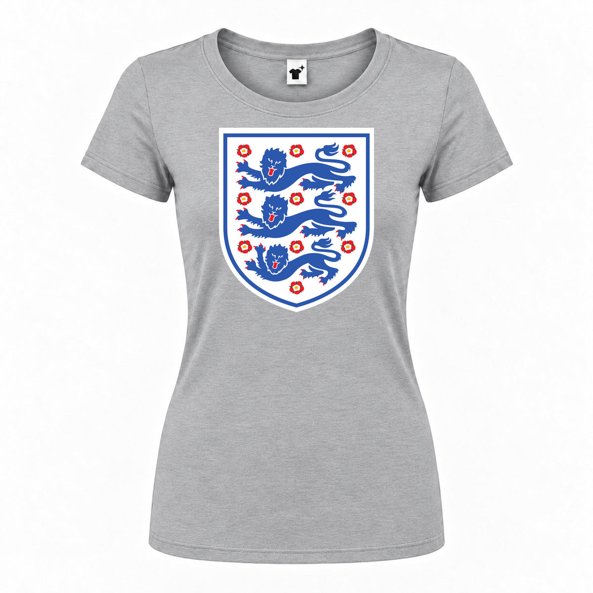 Women's England Football National Team Round Neck T-Shirt — Grey — original logo on current Drive garment