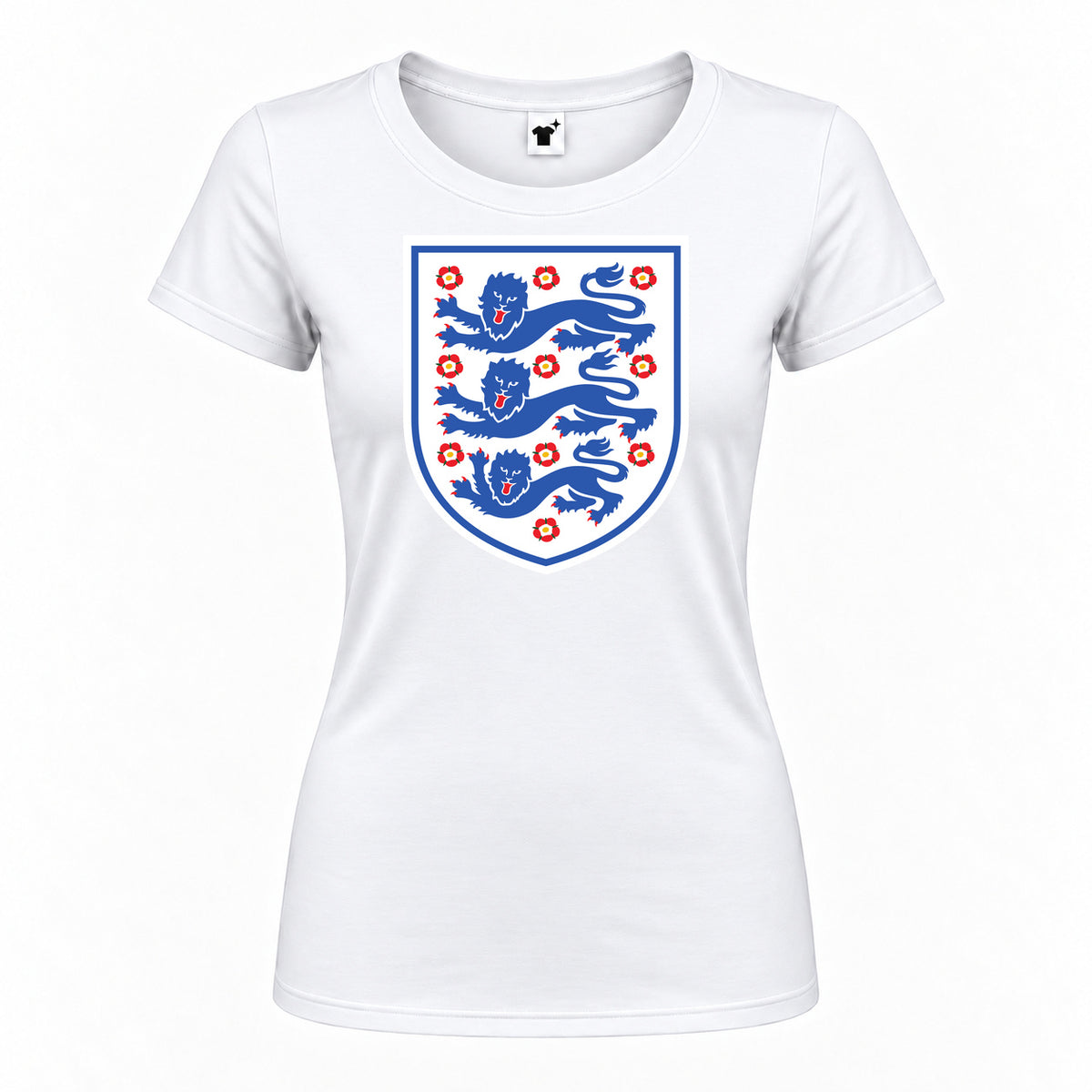 Women's England Football National Team Round Neck T-Shirt — White — original logo on current Drive garment