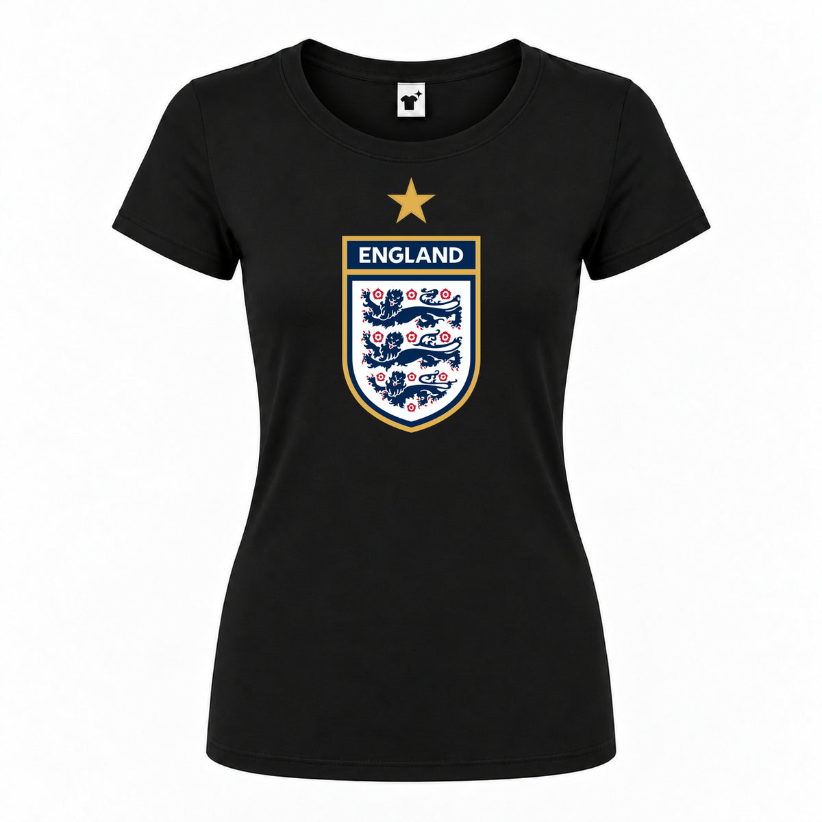 Women's England National Soccer Team Round Neck T-Shirt — Black — original logo on current Drive garment