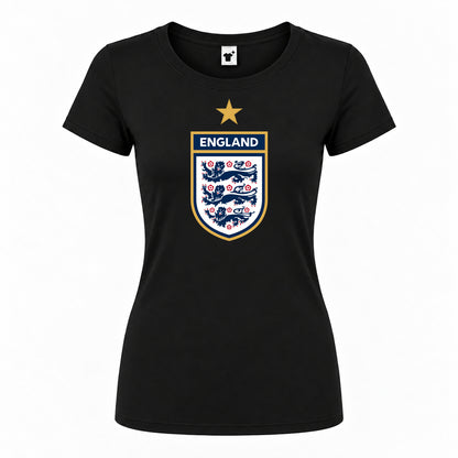 Women's England National Soccer Team Round Neck T-Shirt — Black — original logo on current Drive garment