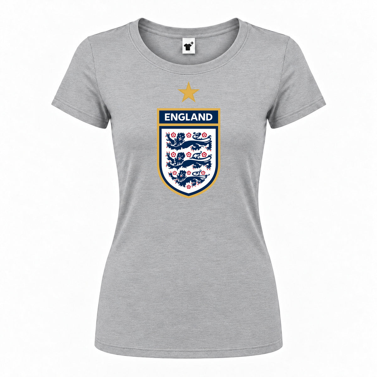 Women's England National Soccer Team Round Neck T-Shirt — Grey — original logo on current Drive garment