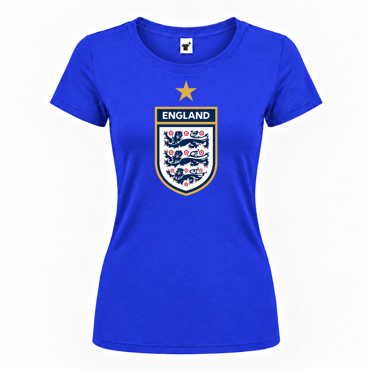 Women's England National Soccer Team Round Neck T-Shirt — Royal Blue — original logo on current Drive garment
