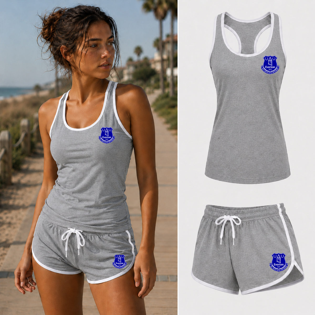 Women's Everton FC Tanktop and Shorts Set — Grey — original logo on current Drive garment