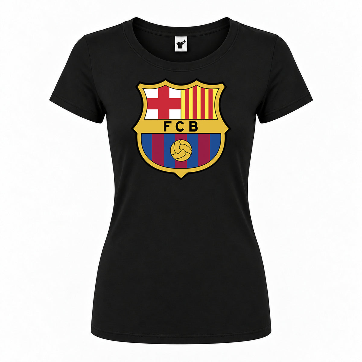 Women's F.C. Barcelona Soccer Round Neck T-Shirt — Black — original logo on current Drive garment