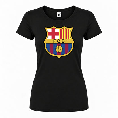Women's F.C. Barcelona Soccer Round Neck T-Shirt — Black — original logo on current Drive garment