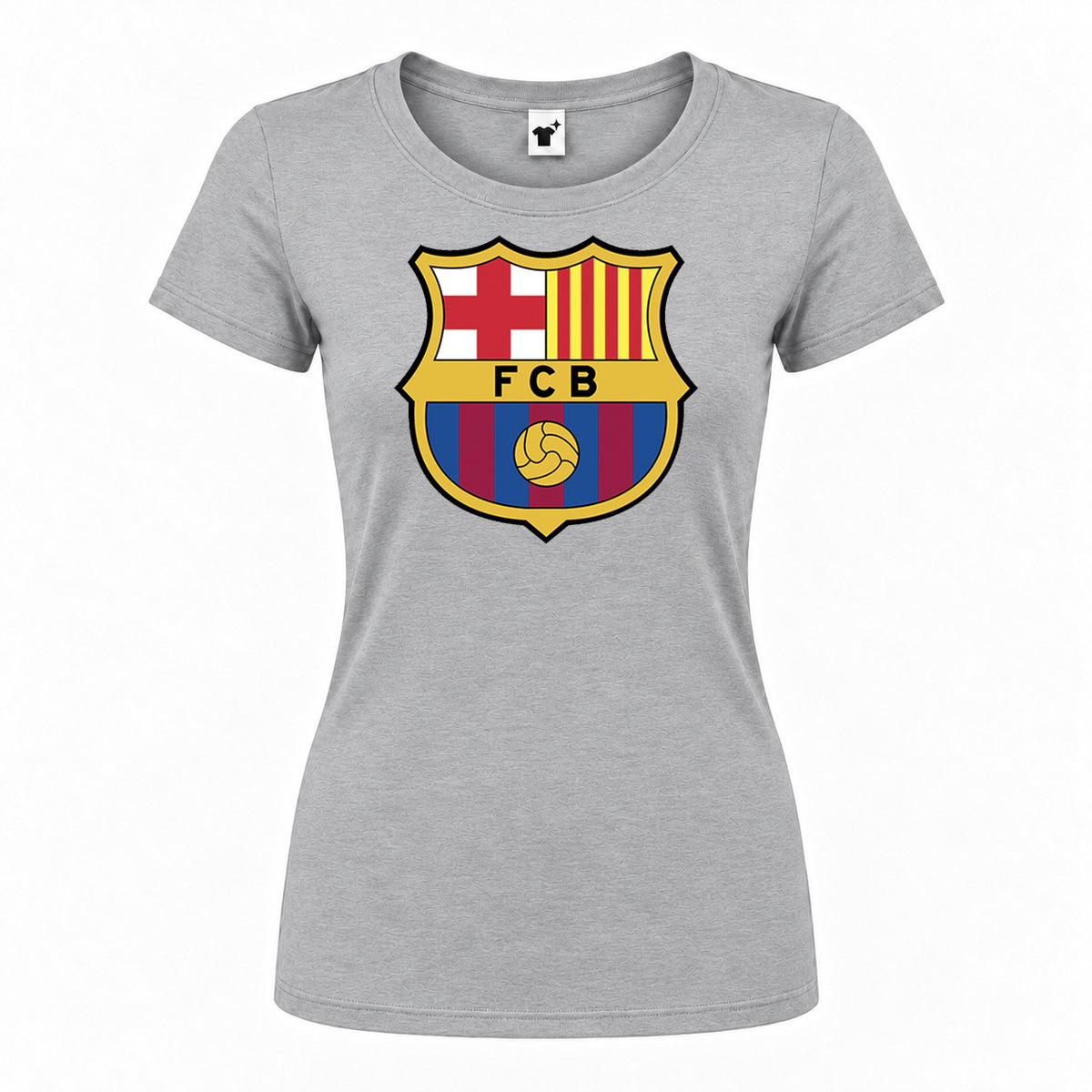 Women's F.C. Barcelona Soccer Round Neck T-Shirt — Grey — original logo on current Drive garment
